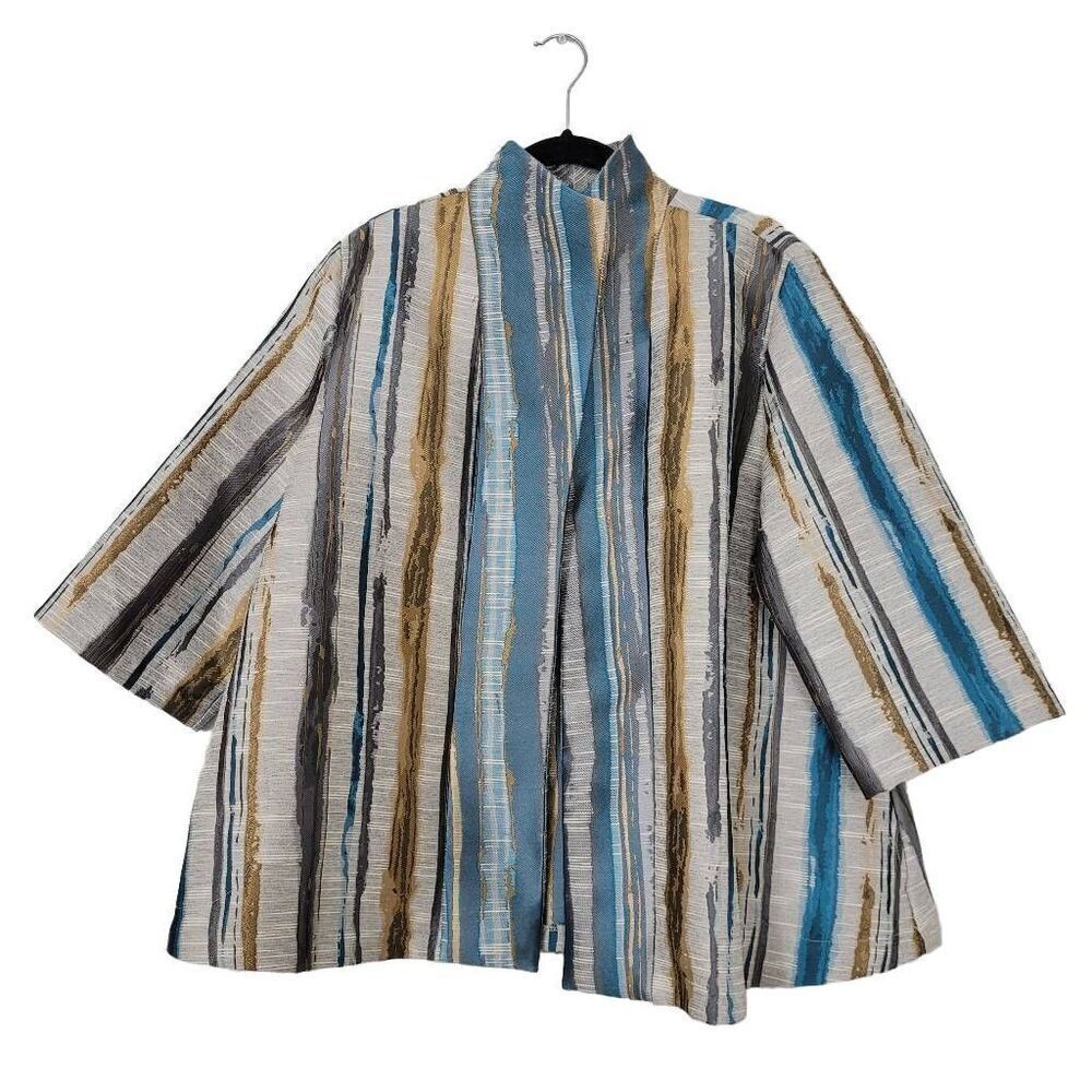 IC by Connie K Open Front Coat Sz XXL Blue Tan Tapestry Neutral Modest Modern